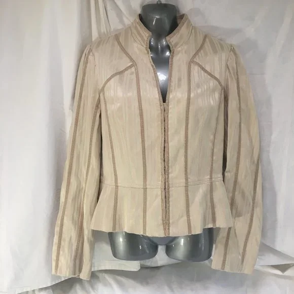 Le Chateau Jacket Fitted Suit Blazer Women's Size Med Beige Stripe Hook & Eye - Picture 1 of 14